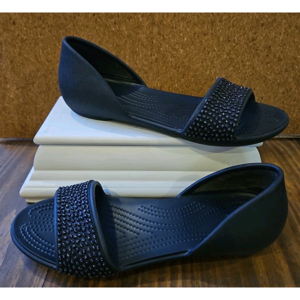 Crocs Lina Embellished D'Orsay Peep-toe Flats Womens Sz 9 Black Comfort #773